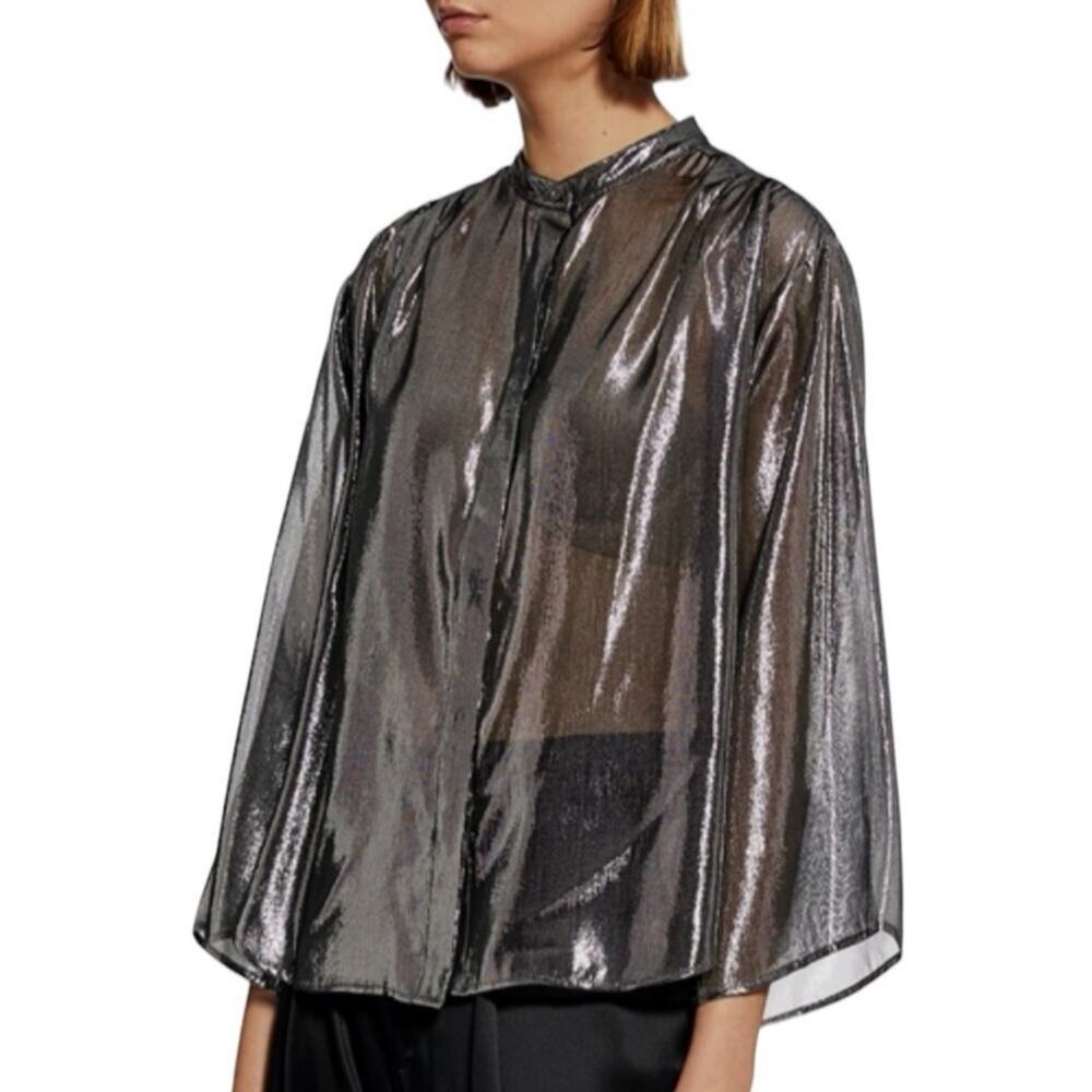 Nili Lotan Marliana Silver Metallic Sheer Blouse size XS